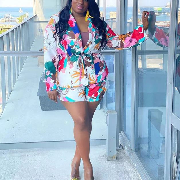 2 pieza de las mujeres conjuntos abrigo chaquetas blusas pantalones cortos conjuntos estampado Floral manga larga otoño moda 2020 Nuevos Sets