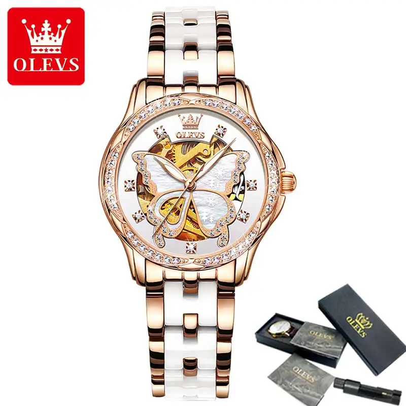 Enlarge OLEVS 2021 Fashion Ladies Watch Ladies Top Brand Luxury Waterproof Mechanical Watch Ladies Ceramic Strap Sports Clock 6622