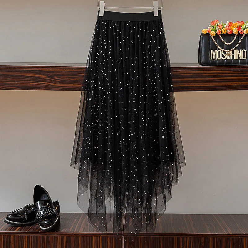 Женские газовые Юбки Костюмы звезды черный свитер сетчатые юбки с пайетками