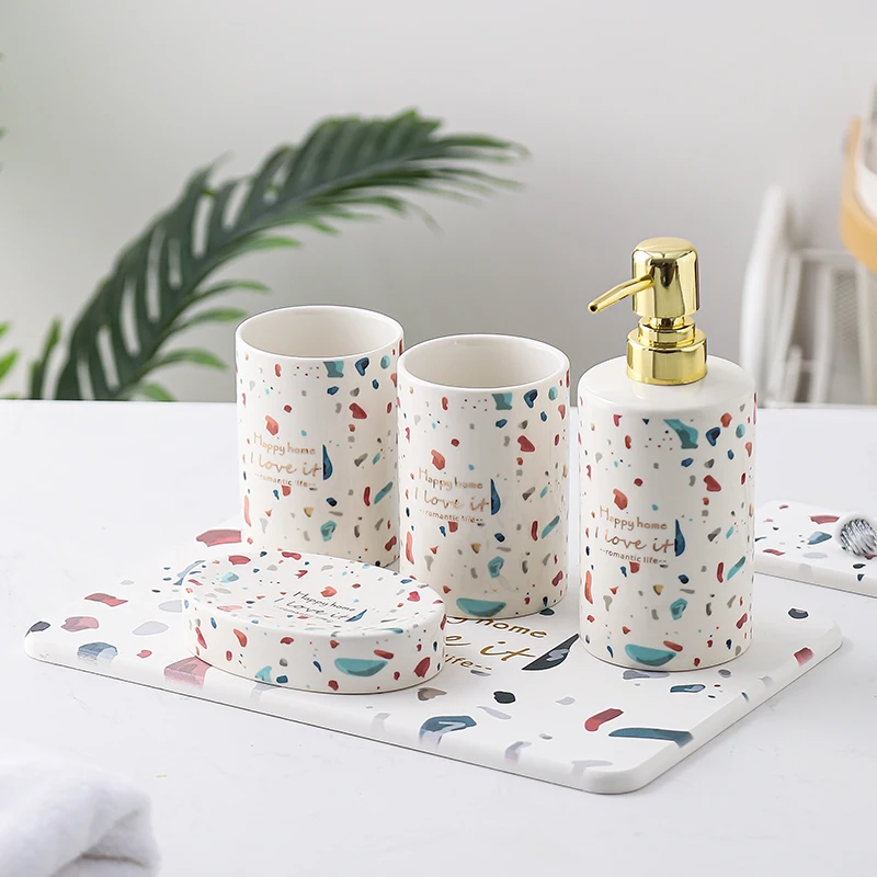 

Light Luxury Mouthwash Cup Ceramic Lotion Bottle Bathroom Five-piece Toothbrush Cup Bathroom Supplies Diatom Mud Storage Tray