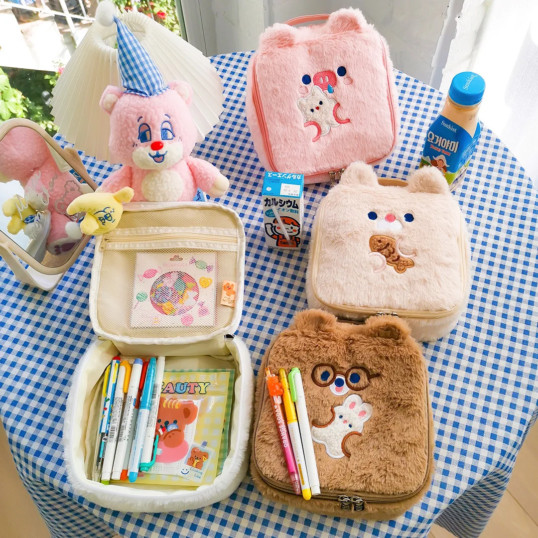 

Stationery Storage Bag Cosmetic Bag Large Capacity Cute Cartoon Animal Embroidery Plush Pencil Bag Kawaii Big Makeup Organizer