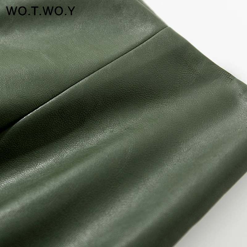 

WOTWOY High Waist Front Split Leather Skirt Women Formal Slim Fit Midi-Long Skirts Women Zippers Black Pencil Skirt Femme Jupe
