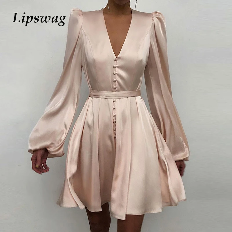 

2021 Spring Vintage Solid Satin Party Dresses Women Elegant Button Design V-Neck Mini Dress Ladies Casual Long Sleeve Vestidos