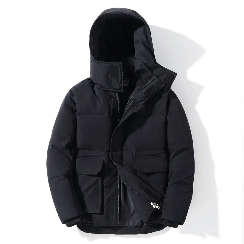 Мужской пуховик с капюшоном черный повседневный на белом утином пуху теплый зима