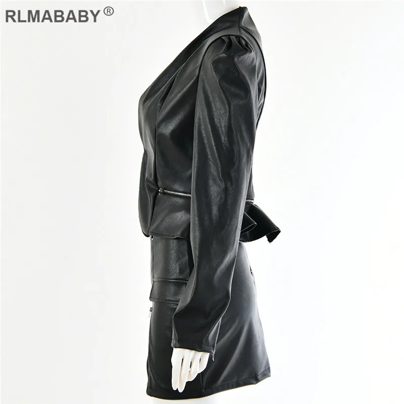 RLMABABY платье из искусственной кожи с рюшами на молнии, Женский комплект 2 шт. платье с v-образным вырезом и длинным рукавом, облегающее платье на молнии, сексуальное платье для ночного клуба