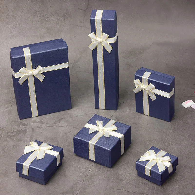 

Jewelry Boxes Paper blue Color white Ribbon Bowknot For Gift Present Ring Earring long necklace Packing Display 20pcs/lot
