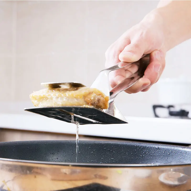 

2 in 1 Multipurpose Gripper Bread Clip Stainless Steel Fried Steak Clamp Barbecue Tongs Beefsteak Turner KC0279