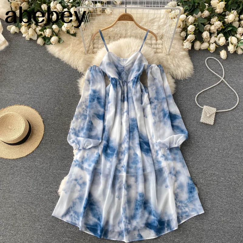 

Женское шифоновое платье-трапеция на бретельках, с открытыми плечами и длинным рукавом