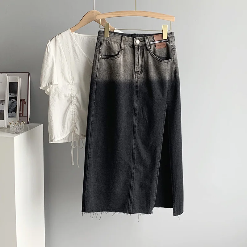 

Patchwork Color Side Splited Long Denim Skirts Women 2021 Summer Thin Jeans Middle High Waist Slim A-line Skirt