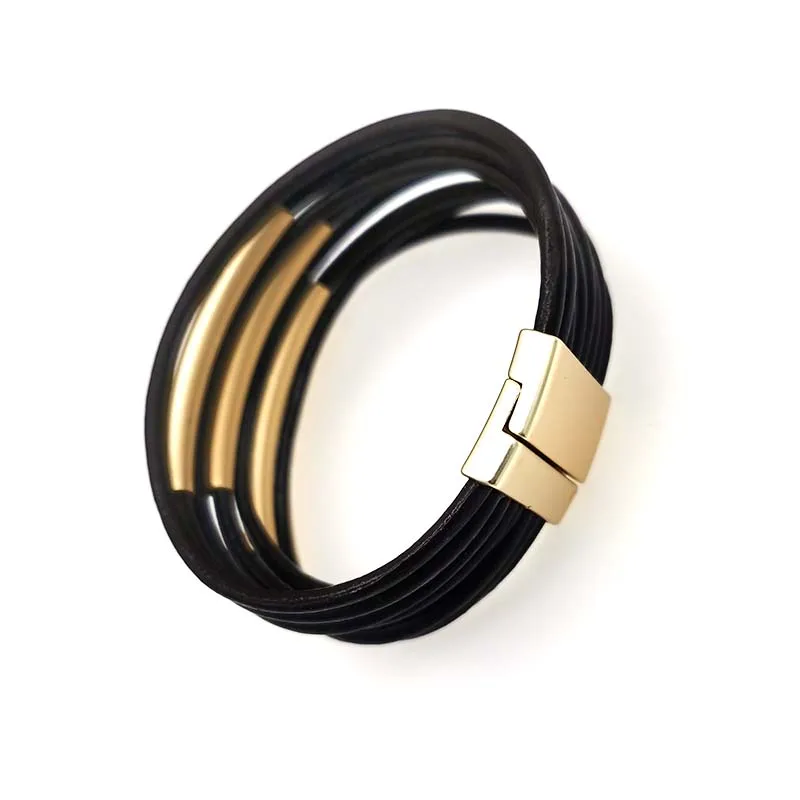 Женский многослойный браслет в стиле панк широкий кожаный с металлической