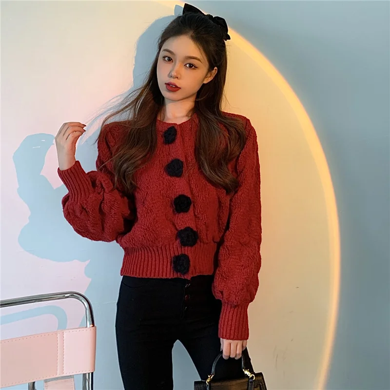

Korean Chic French Style Temperament Stereo Retro Rose Flower Sweater Western Style Christmas Red Puff Sleeve Top