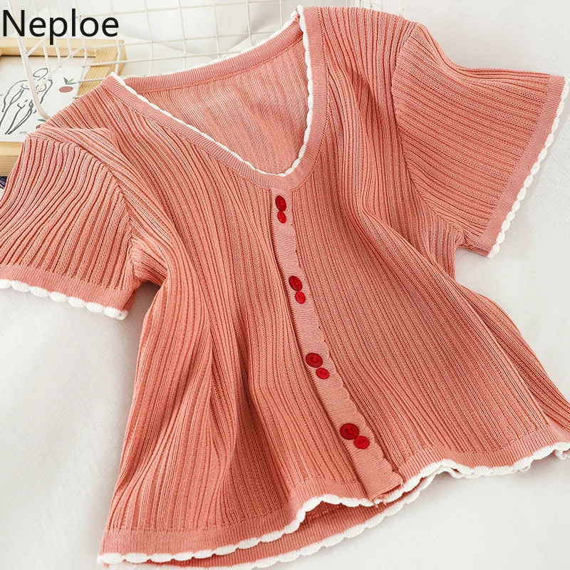 Neploe трикотажные плиссированные футболки корейская мода с v образным вырезом