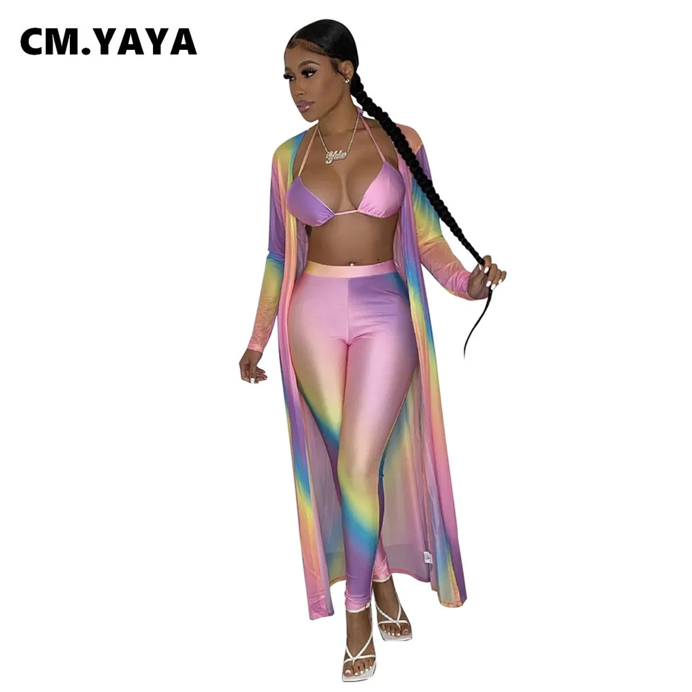 

CM.YAYA Women Set Gradient Color Full Sleeve Long Trench Bandage Halter Bra Tops Skinny Pants 3 Piece Sets Sexy Beachwear Summer