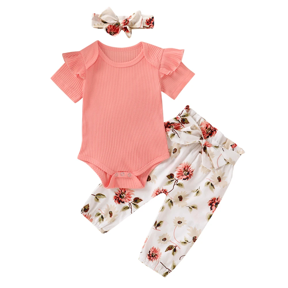 

3PCS Summer Infant Baby Girl Short Sleeve Knitted Clothes Romper Tops Flower Pants Headband Outfit Set