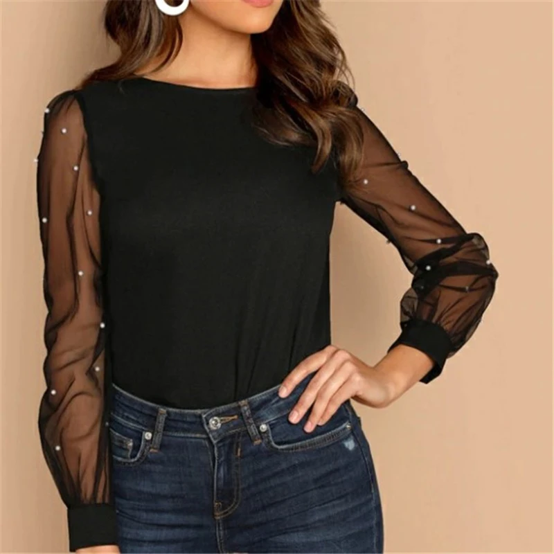 

2021 Fall Long Sheer Sleeve Mesh Sheer Pearl Patchwork Blouses Women Top Elegant Shirt Vintage Ladies Sexy Black Pink Shirts