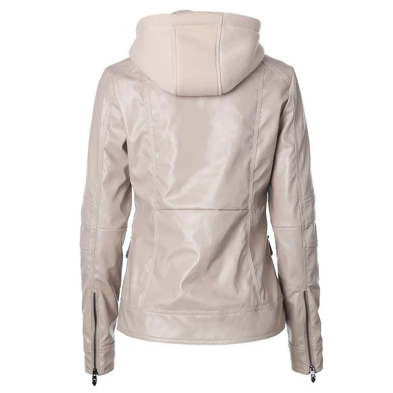 High Quality Leather Jacket Coat Gothic Motorbike PU Outerwear Hooded Zipper Pockets Faux Leather Fall Winter Jacket for Women