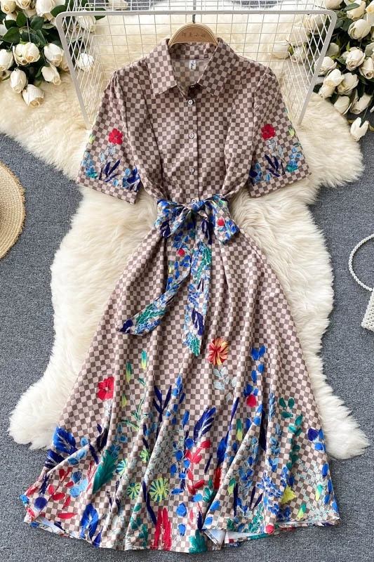 

European women's wear 2021 new design sense trend printing plaid shirt collar slim dress female summer dress