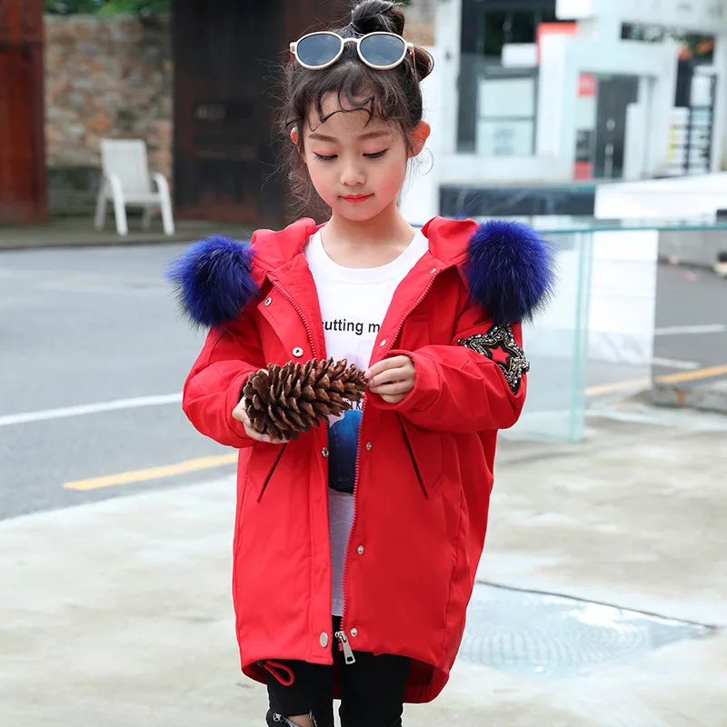 Зимняя куртка-пуховик для девочек парка с настоящим мехом капюшоном российское