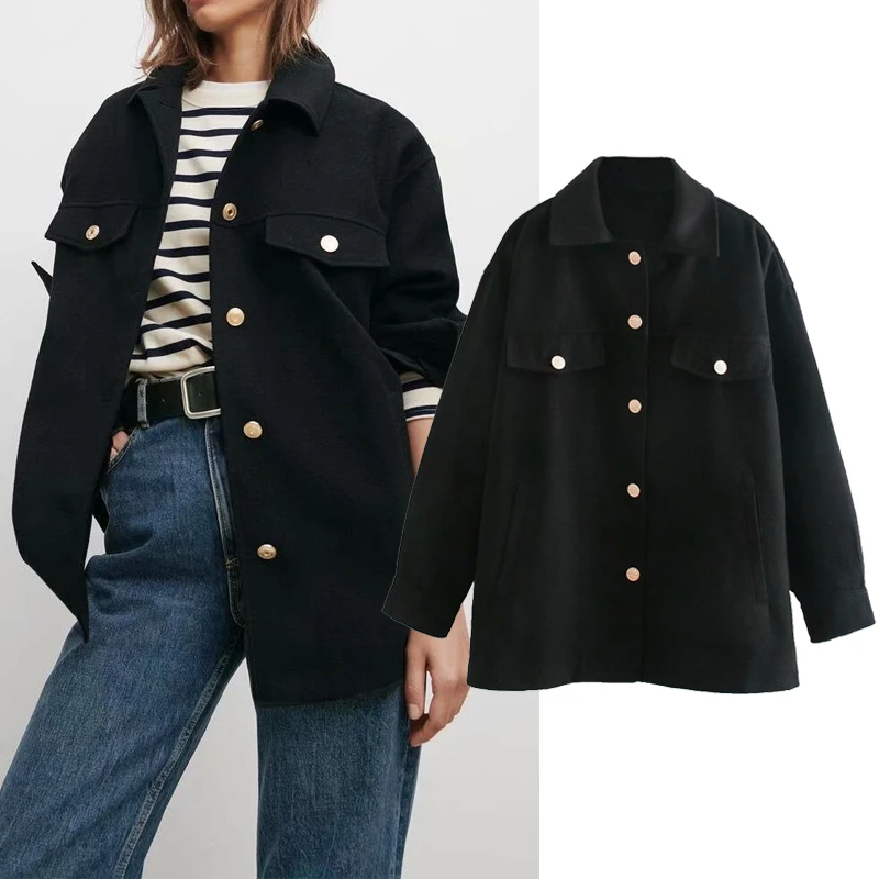 

ZA 2020 Women autumn new Black Turn Down Collar shirt Coat Solid color Elegant Jacket Women Autumn Long Coat Golden buttons