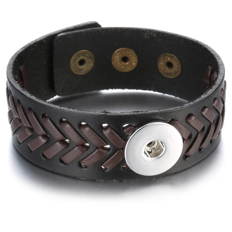 Новый черный плетеный кожаный браслет 18 мм кнопки браслеты DIY ручной работы с кнопкой регулируемый сменная