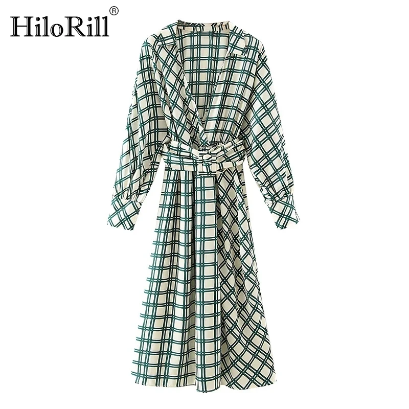 

HiloRill Women Long Sleeve Plaid Dress With Belt Turn Down Collar Office Ladies Dresses A Line Vintage Midi Dress Robe Femme