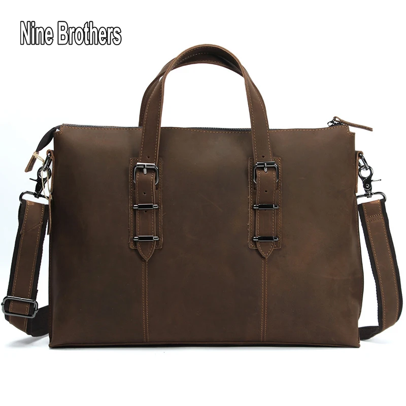 

Fashion Style Cowhide 14 Inch Laptop Handbag Crazy Horse Leather Business Men Computer Bag Women Briefcase A4 Bags Nine Brothers