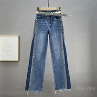 womens wide leg jeans 2021 autumn new high waist loose heavy embroidery hot drilling denim trousers pants blue