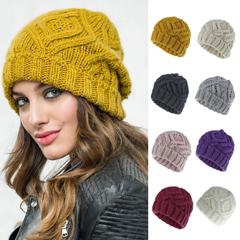 

Women Winter Warm Twist Knitted Beanie Hat Rhombus Plaid Chunky Weave Solid Color Casual Outdoor Ski Stretchy Cuffed Skull Cap