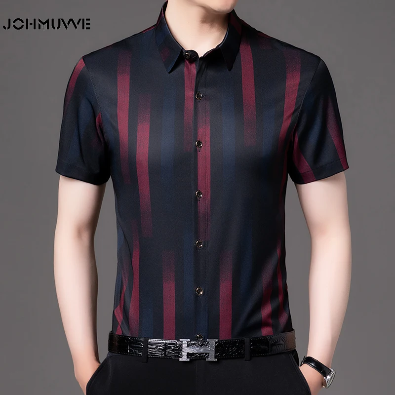 

JOHMUVVE Plaid Shirt Men's Casual Business Short Sleeve Shirt Baju Kemeja Korean Formal Office Shirts Men tshirt T-shirt