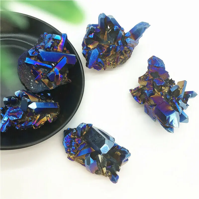 Синий аура кристалл кварца кластер Радуга Титана камни лечебные украшения