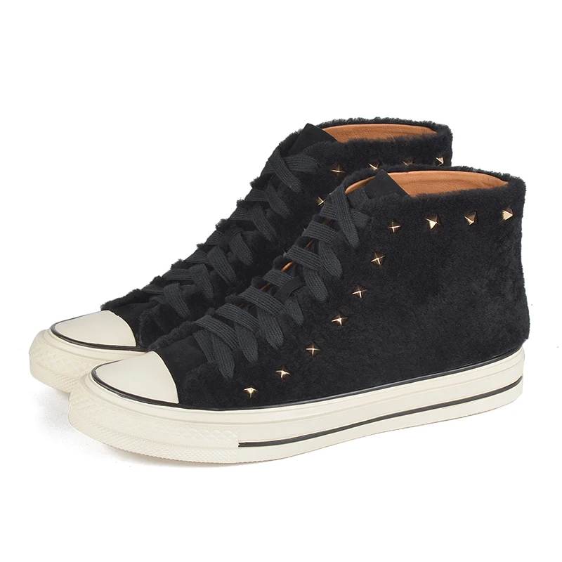 Black-High top Donna-in/женские кроссовки с высоким берцем из натуральной кожи; повседневная обувь на плоской подошве со шнуровкой и заклепками; дышащая женская обувь; сезон осень-зима; - Цвет: Black-High top