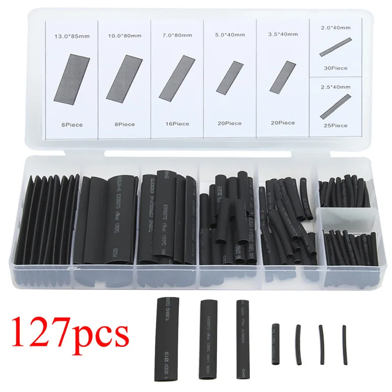 127PCS Black 7 Sizes Cable Sleeve Kits Heat Shrink Tubing Set Assorted Wrap Wire or Home Flame Retardant Electric Tube - купить по