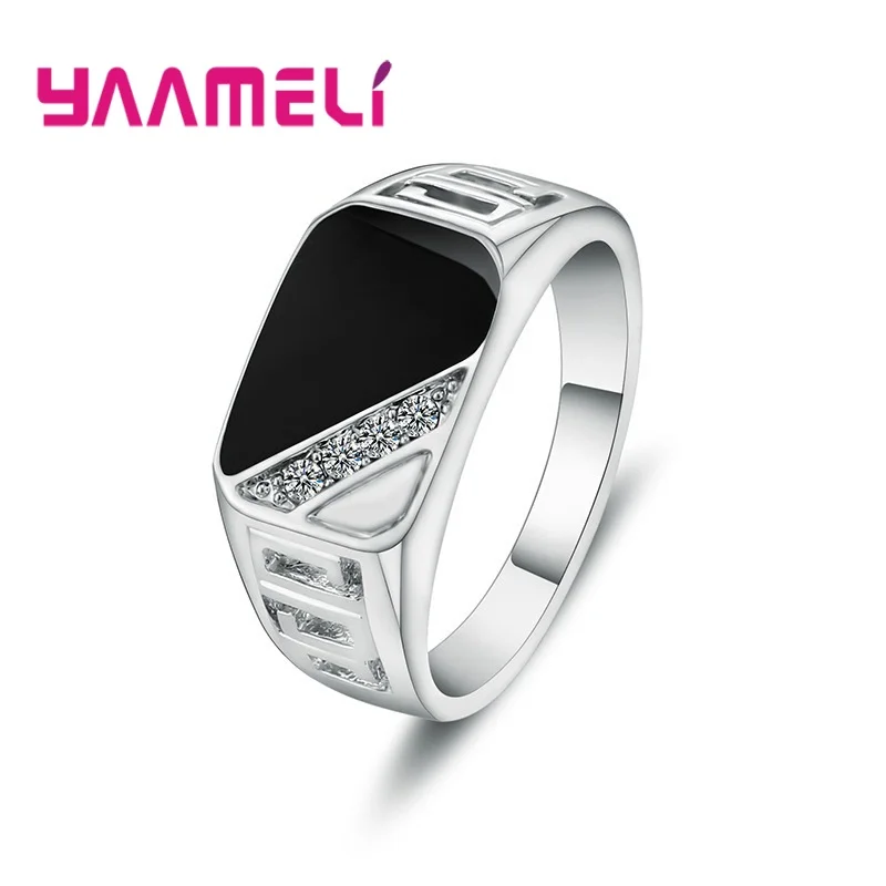 Classic Male Mens Wide Band Ring Unique 925 Sterling Silver White Black Rhinestone Square Statement Hip Hop Jewelry