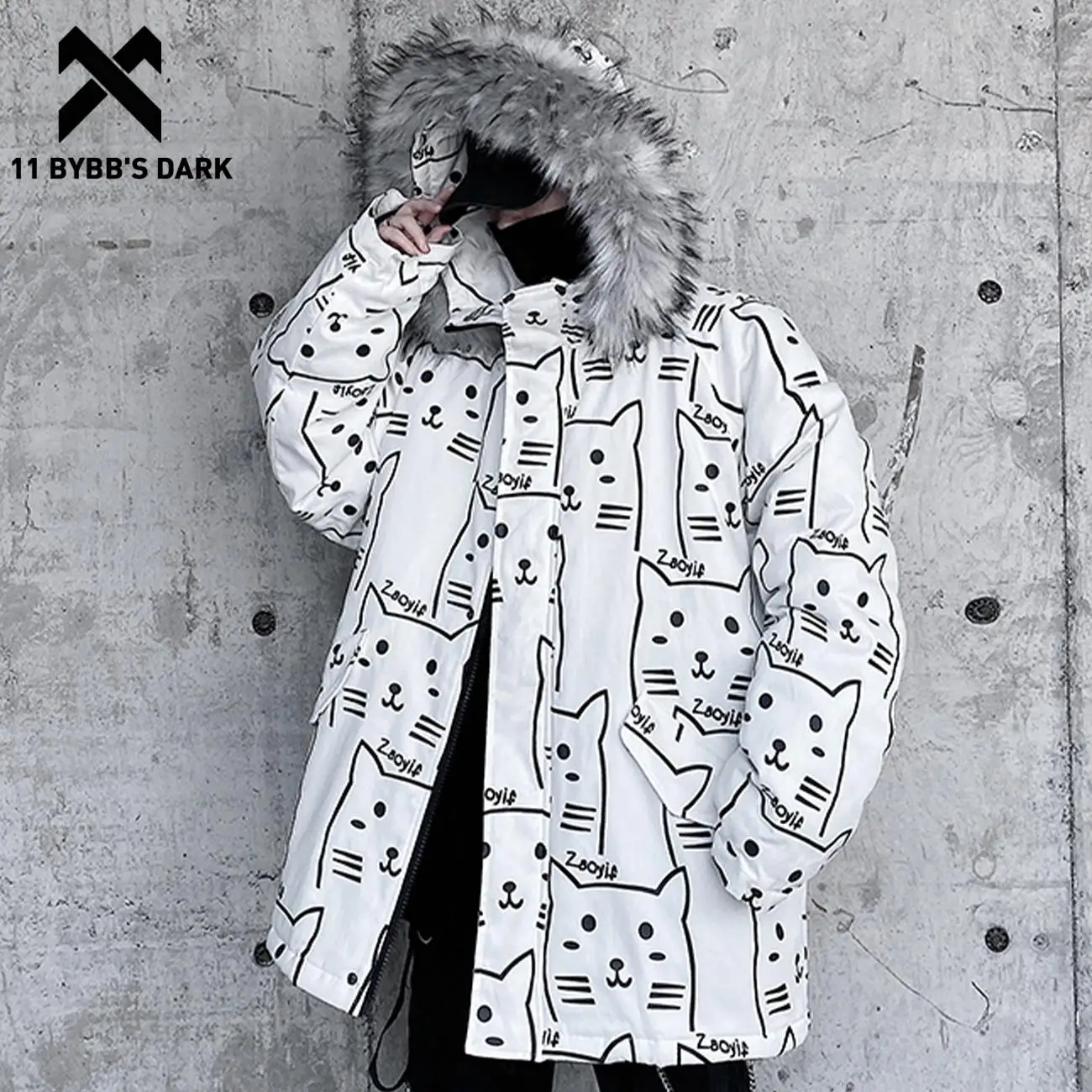 

11 BYBB'S DARK Hip Hop Parkas Jacket Men Streetwear Outwear Cat Print Fur Hooded Jacket Coat Casual Loose Thick Winter Coat Tops