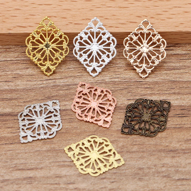 

20pcs/lot Diamond Shape Silver Plated Copper Hollow Out Flowers Filigree Wraps Connectors 15x20mm For Jewelry Making Findings