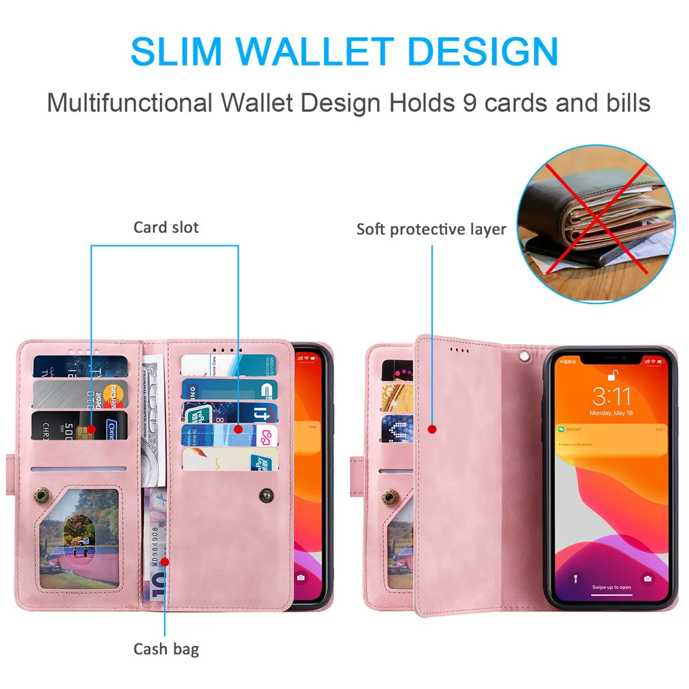 Чехол кошелек на молнии для iPhone 12 Mini 11 Pro XS Max XR X SE 2020 6 6s 7 8 Plus роскошный кожаный