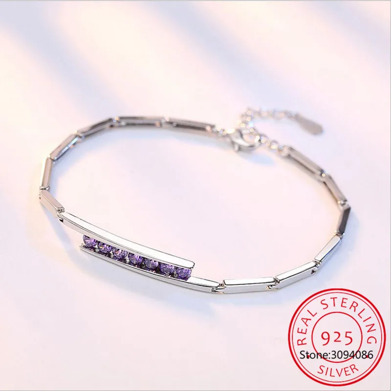 Purple Новая мода 925 стерлингового серебра ювелирные изделия Роскошные простые циркония женские браслеты и браслеты pulseira S-B49 - Цвет камня: Purple