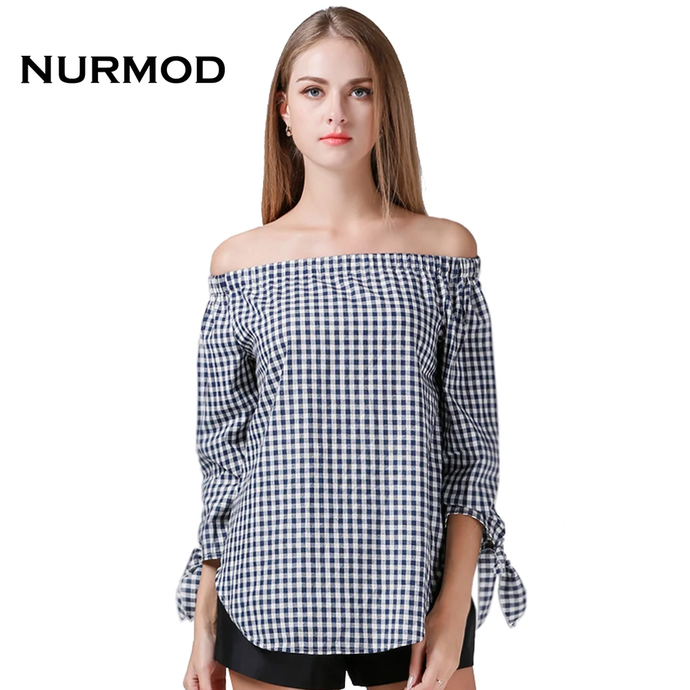 

NURMOD 2021 весенне-летние клетчатые топы с декольте и длинными рукавами-фонариками женская блузка с глубоким вырезом новая женская мода