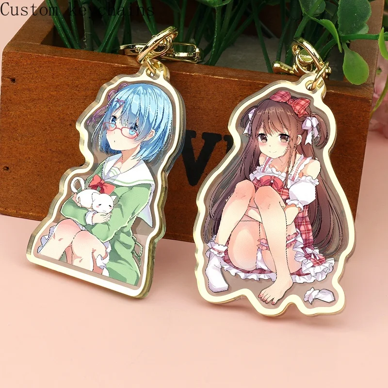 

Custom Made Cartoon Acrylic Charm Key Chain Transparent Personalizado Chaveiros Plastic Gold Edge Keychain