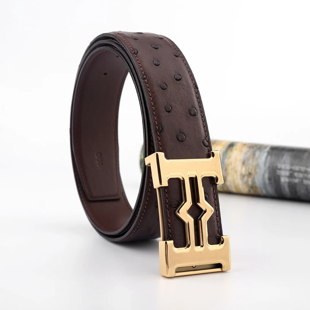 

Luxury Brand Fashion H Belt For Men Genuine Ostrich Leather 3.8cm Wide Male Waistband Stainles Steel Buckle Ceinture Homme
