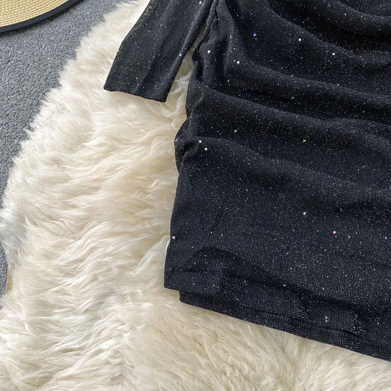 

Sexy Black Mesh Pleated Bodycon Dress Women Elegant V-Neck Long Sleeve High Waist Draped Vestidos Female 2021 Spring Summer New