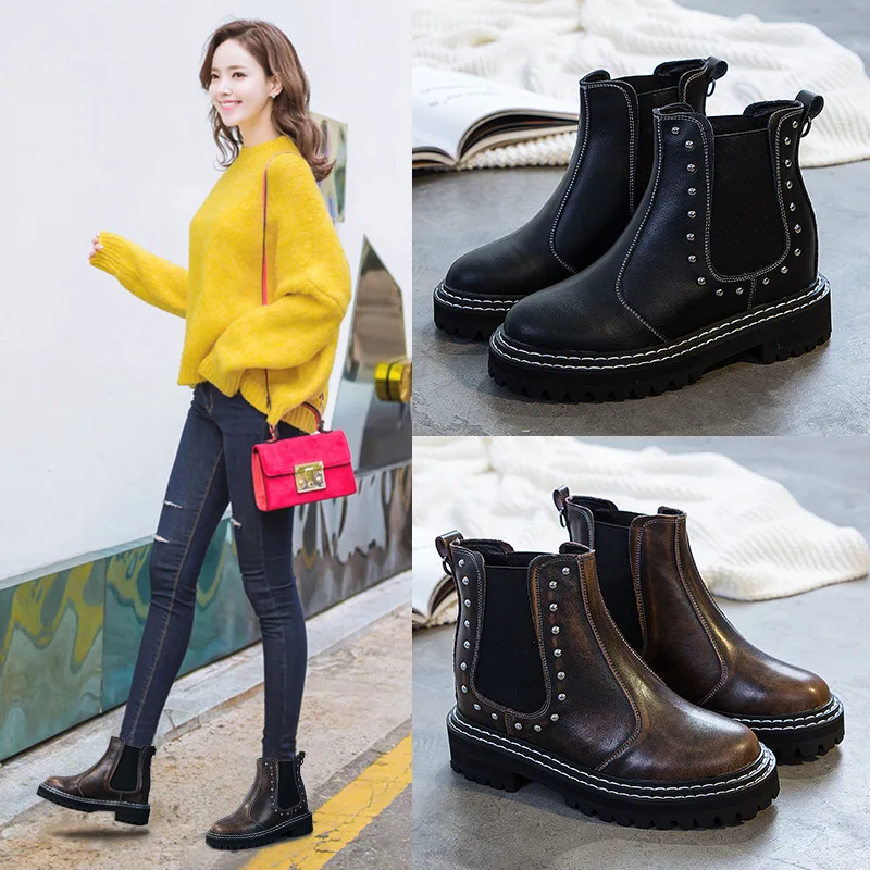 

Rivet Design Women's Nude Boots Winter New Leather Thick-soled Inner Increase Women's Shoes Fashion Thick Heel Short Boots Women