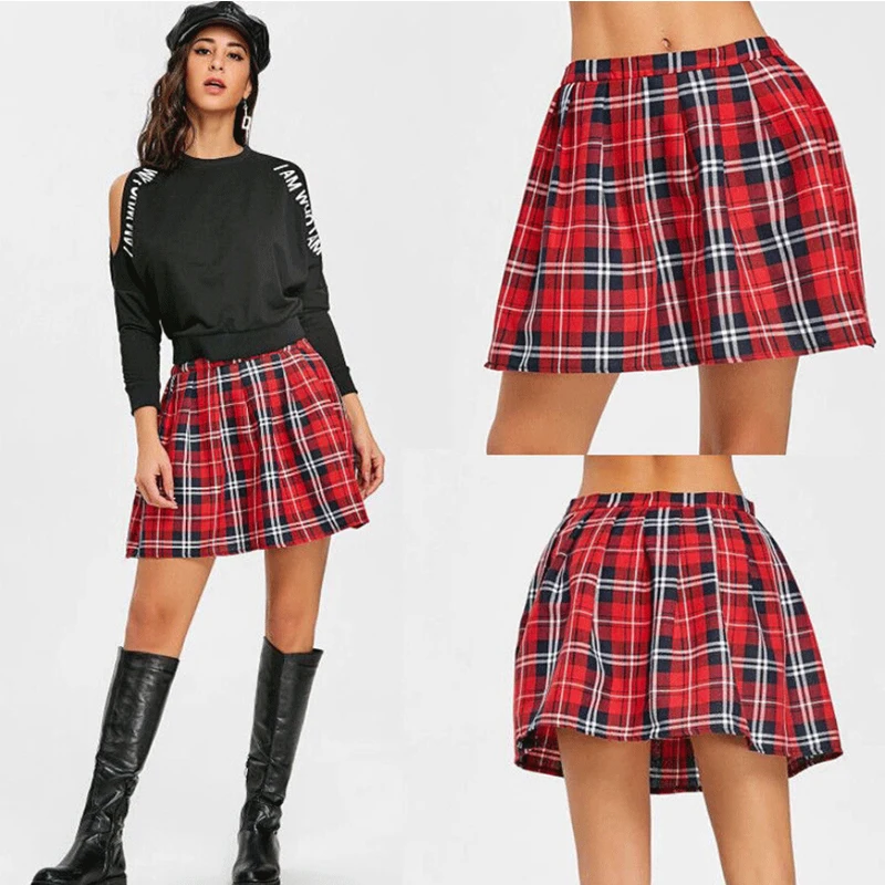 

Женская школьная форма в клетку, модная короткая юбка, плиссированная хлопковая юбка, Женская Повседневная красная мини-юбка в японском сти...