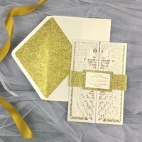 pearl white wedding invitations with glittery gold envelope belly band custom printing laser cutting birthda party invite 50pcs