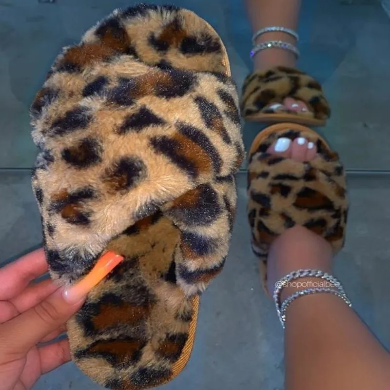 

Winter Women Fur Slippers Warm Soft Furry Corss Layer Solid Flat Heels Open Toe Indoor Home Casual Luxury Ladies Shoes Female