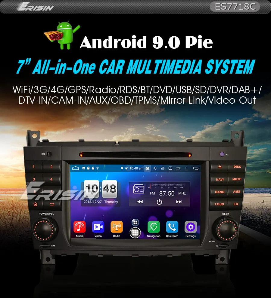 Erisin ES7718C " Android 9,0 Восьмиядерный 4 Гб ram автомобильный DVD Радио BT для Mercedes C/CLC/CLK Klasse W203 W209