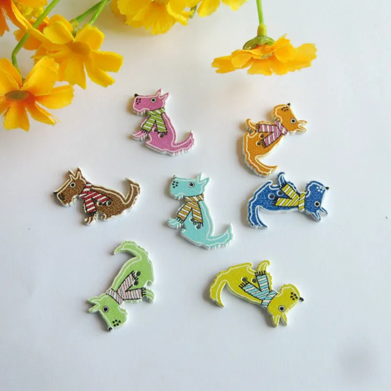 50pcs 2 Holes Wooden Button Sewing Accessories Cartoon dog Animal Decorative Buttons 21x28mm Scrapbooking  for Crafts
