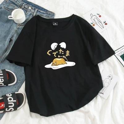 Японский Harajuku милый Gudetama Lazy Egg Yolk Kawaii Футболка женская хлопковая Футболка с рисунком Harajuku женская футболка Топы - Цвет: black