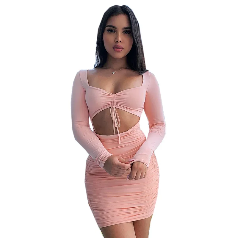 

Spring/Autumn Ladies Solid Long-sleeved Drawstring Hip Dresses Women Street Style Sexy & Club Sheath Dress Short Mini Dress