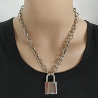 handmade men women unisex chain necklace heavy duty square lock pendant padlock choker metal collar